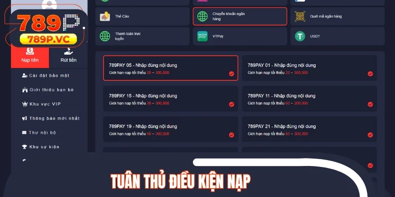 Tuân thủ điều kiện nạp